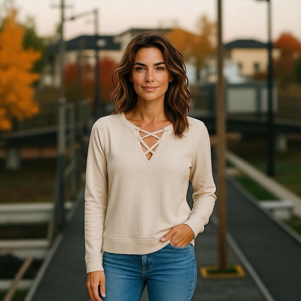 🥧Crave Fame/Almost Famous Women’s Crisscross V-Neck Sweatshirt. Junior fit. Med
